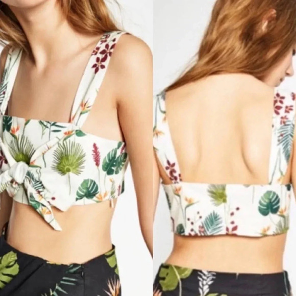 Zara Womens White Green Tropical Crop Tank Top Medium - Picture 2 of 13